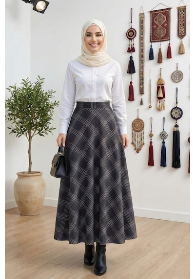 Hb Harma Time Butik Kadın Ekose Kumaş Desenli Siyah Etek