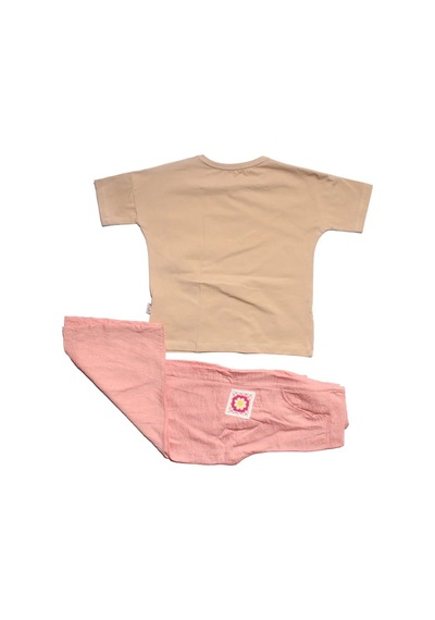 Bebegen Kız Çocuk Bej Pembe Keten Pantalonlu Papatyalı 2 Li Takım Çok Renkli