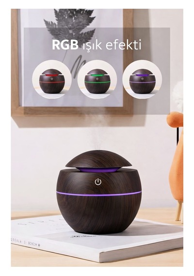 Prime Home Oval 200ml Hava Nemlendirici - 7 Renk Rgb Işıklı Difüzör - Type-c Girişli Aromaterapi Regular Koyu Kahverengi