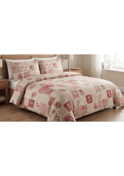 Makiteks Battal Boy 240x220 Pamuklu Patchwork Gül Desenli Nevresim Seti - Country Tarz Kırkyama Model Pembe