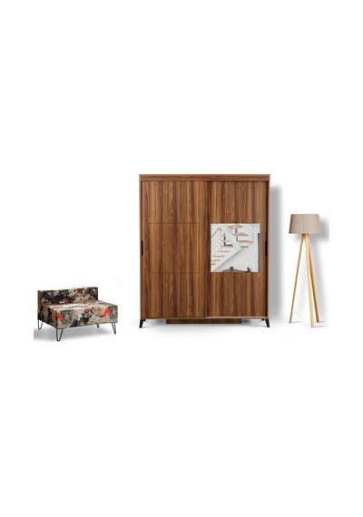 Pasifichome Huga Sürgülü Gardırop Ceviz 150Cm / 2 Kapaklı Çekmeceli Dolap
