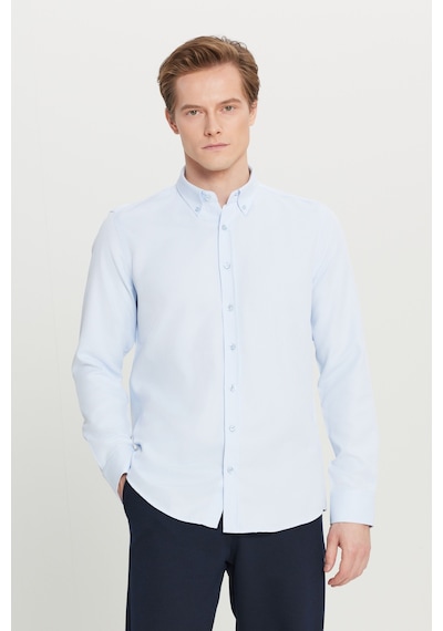 Altınyıldız Classıcs Erkek Acık Mavı Pamuklu Tailored Slim Fit Dar Kesim Düğmeli Yaka Armürlü Gömlek