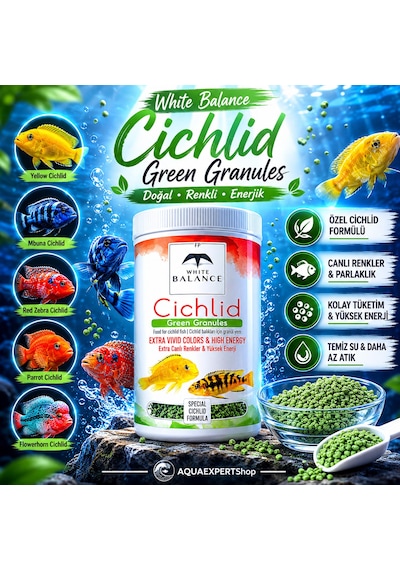 White Balance Cichlid Green Granules - Cichlid Balıkları İçin Özel Formül - Besleyici Ve Renk Canlandırıcı İçerik - 100 Ml