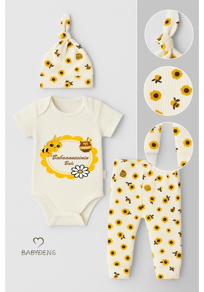 Babyden's Babaannesinin Balı Yazılı 3 Lü Bebek Takımı Kısa Kollu Çıtçıtlı Body, Arı Desenli Pantolon, Bere Ekru