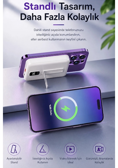 Exenar - Beyaz - 15w Kablosuz Şarjlı Powerbank Standlı Magsafe Pd 20w Hızlı Şarj 10.000 Mah Dijital Göstergeli