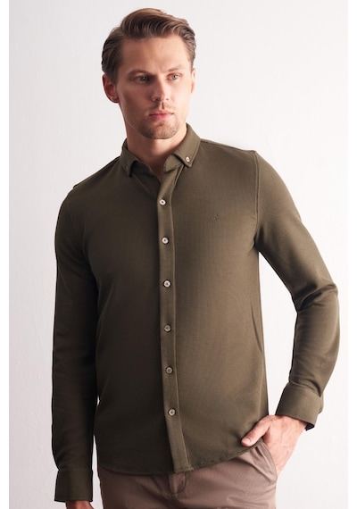 İmza Haki Uzun Kol Düğmeli Yaka Kendinden Desenli Pamuklu Slim Fit Gömlek 1004255267 Haki