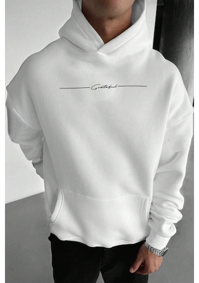 İmza Baskılı Oversize Sweatshirt Beyaz