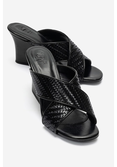 Luvi Shoes Lavean Siyah Örgü Çapraz Bantlı Kadın Dolgu Topuklu Terlik