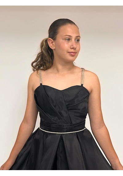 Butikhappykids Kız Çocuk Abiye Siyah Taş Kordon Askılı Kalp Yaka Kuyruklu Şifon Abiye Elbise 10-15 Yaş Siyah