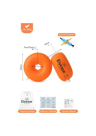 Elvense Çocuk Yüzme Kolluğu Seti 10-30 Kg Pompalı + Taşıma Çantalı Turuncu