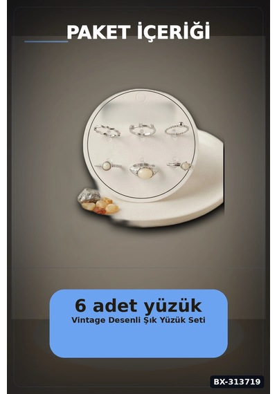 Pirinç 6 Parça Yüzük Seti - Vintage Gümüş Tonlu, 7-8 Numara, Kadın Bijuteri Aksesuar Bx-313719 Çok Renkli