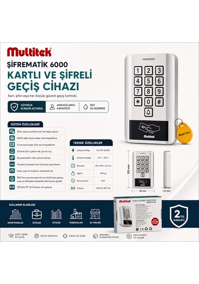 Multitek Kartlı Ve Şifreli Giriş Cihazı Ip67 Su Geçirmez, 6000 Kullanıcı Kapasiteli, Metal Gövde Geçiş Kontrol Ünitesi 12-24v
