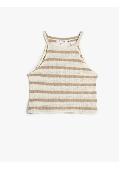 Koton Crop Halter Yaka Üst Kroşe Slim Fit Bej Çizgili 4sal30018ık Ekru Çizgili