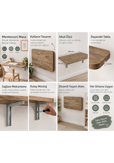 Montessori Masa 90x50 Cm Katlanabilir Duvar Masası Çocuk Çalışma Ve Aktivite Masası Ceviz Renk Sunta Tabla Montessori Masa 90x50 Cm Katlanabilir Duvar Masası Çocuk Çalışma Ve Aktivite Masası Ceviz Renk Sunta Tabla