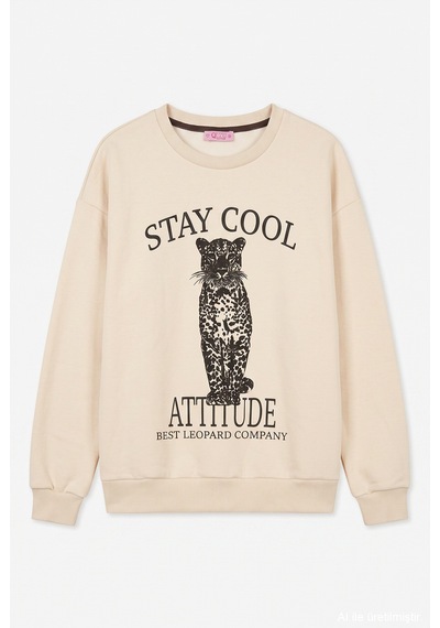 Quzu Baskı Detaylı Sweatshirt Bej