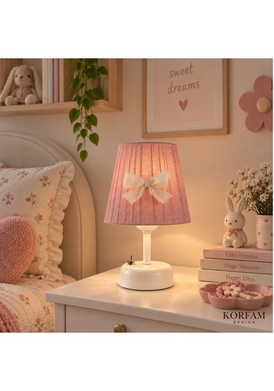 Gül Kurusu Pembe Keten Kumaş Kız Çocuk Odası Pilli Masa & Gece Lambası Çok Renkli