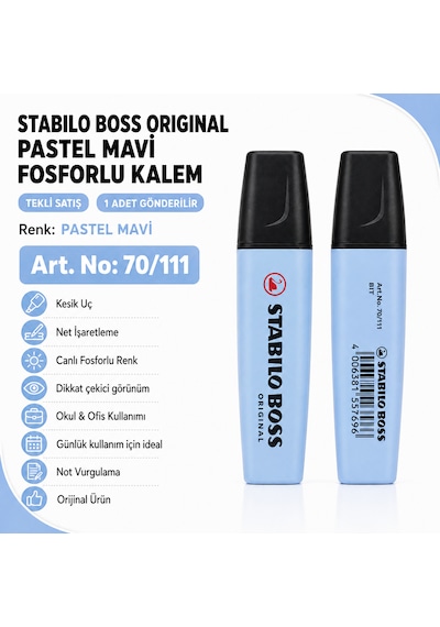 Boss Fosforlu Kalem 1 Adet Metin İşaretleme Kalemi Pastel Mavi