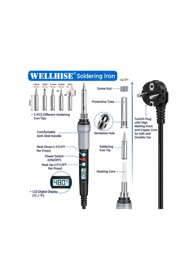 Wellhise S90 90w Çantalı, Ayarlanabilir Sıcaklıklı Havya Lehim Seti, 5 Havya Ucu, Lehim Pompası