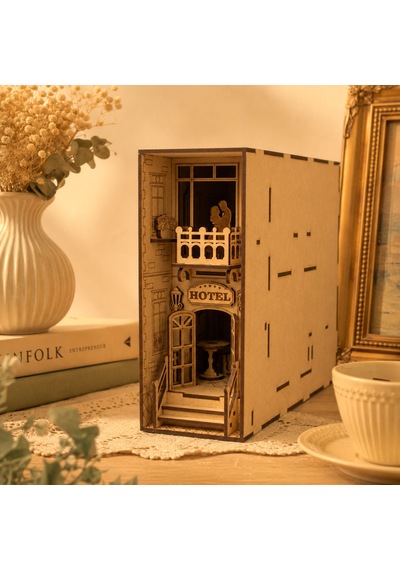 Hotel Book Nook Ahşap Maket Seti Dıy Miniatür Otel Binası Peri Led'li Kitaplık Dekoru