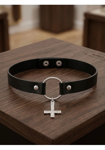 Mor Haç Detaylı Choker Kolye Kadın Gotik Boyunluk Kolye Punk Alternatif Moda Aksesuarı Ayarlanabilir Yaka Kolyesi Gri