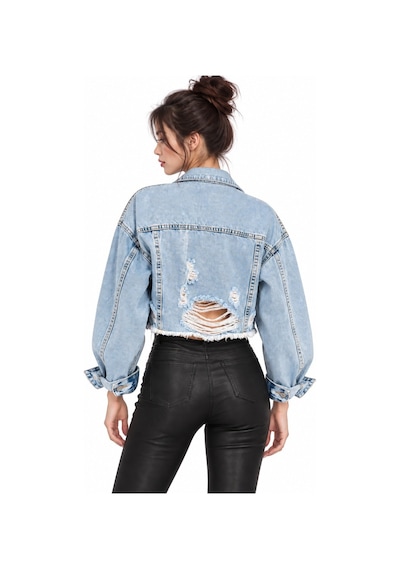 Saade Mavi Sırt Yırtık Detaylı Püsküllü Crop Denim Ceket