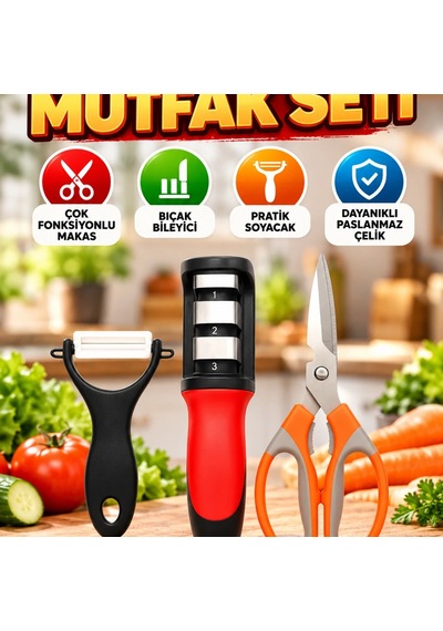 3 Parçalı Çok Fonksiyonlu Mutfak Makas Seti Sebze, Et Ve Kapak Açıcı Makas, Bileyici Ve Soyacak Renkli