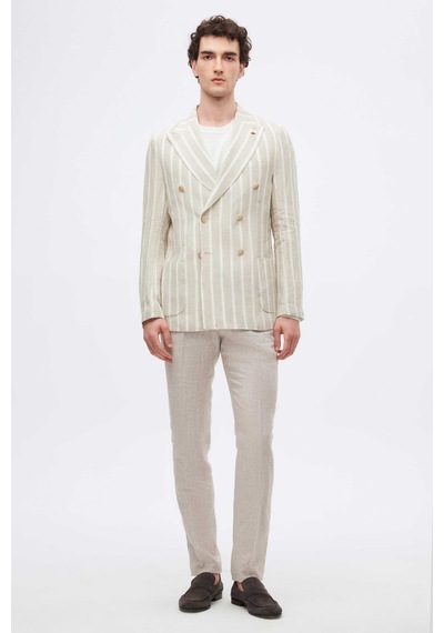 Twn Slim Fit Bej Armürlü %100 Keten Kruvaze Kumaş Ceket 4ec04tl134882 Bej