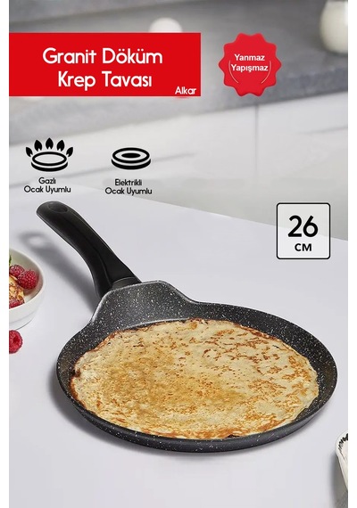 Granit Döküm 26 Cm Yanmaz Yapışmaz Krep Tavası Siyah