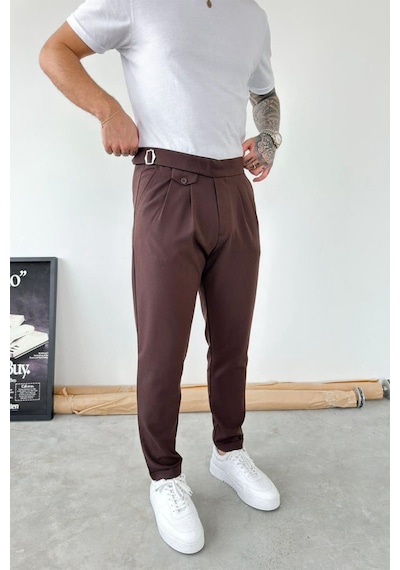 Kahverengi Kemer Detaylı Regular Fit Kumaş Pantolon