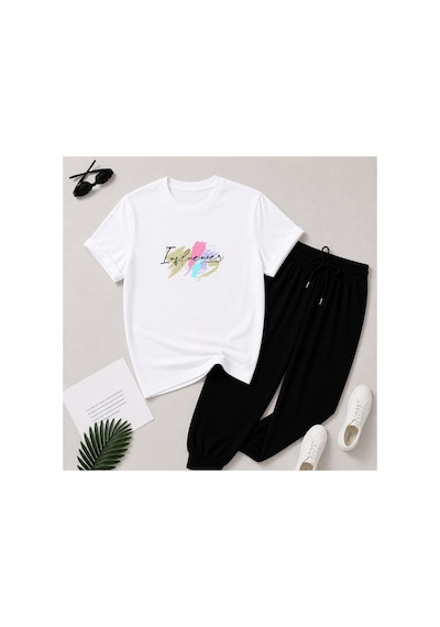 Herkesemoda Pop Art Yazı Baskı Detaylı T-shirt Eşofman Takımı Beyaz