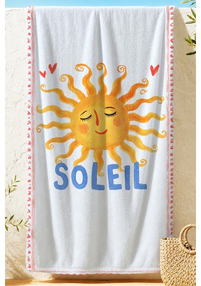 Güneş Temalı Bohem İtalyan Desenli Plaj Havlusu - Sarı Mavi Soleil Havuz Deniz Sahil Örtüsü Berrak Dalgası