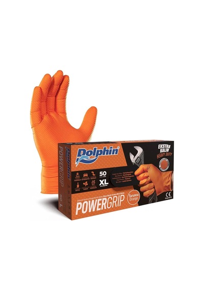Dolphin Nitril Powergrip Ekstra Kalın Elmas Dokulu Eldiven Turuncu Xl Büyük Boy - 50'li Paket