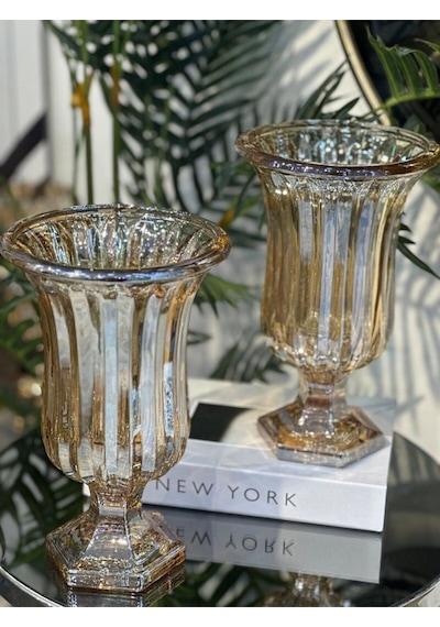 Elta Collection Lüks Füme & Gold Cam Dekoratif Vazo Modern Masa Üstü Ev Aksesuarı Altın