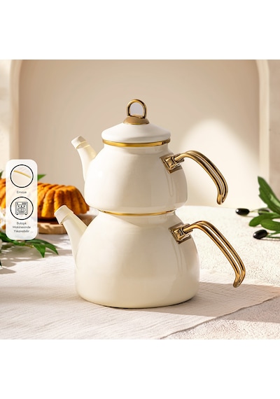 Emsan Retro Emaye Çaydanlık Takımı 1.1 Lt - 2.3 Lt Krem