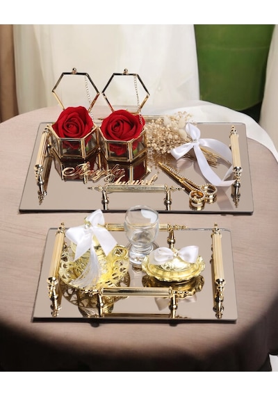 Reverence Gold Söz Tepsisi Ve Damat Tepsisi Seti Beyaz Beyaz