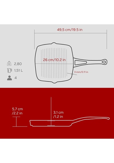 Tr Döküm Kare Izgara Tava Döküm Demir Yekpare Saplı 26x26 Bordo Genel