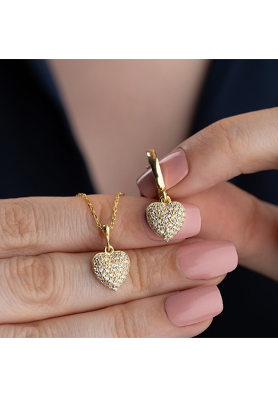 Vaoov 925 Ayar Gümüş 2li Taşlı Kalp Set Gold