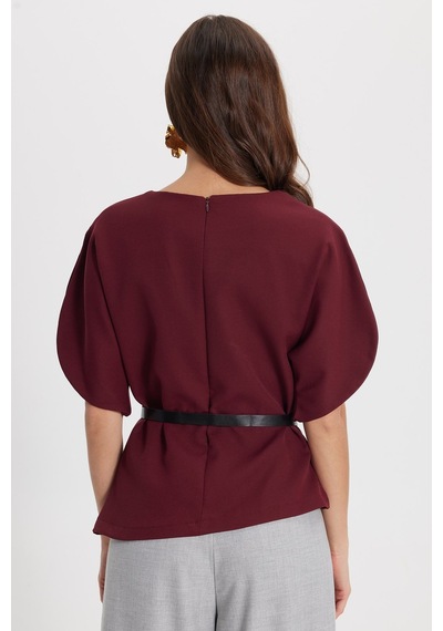 Tudors Kadın Slim Fit Dar Kesim Kol Detaylı İnce Kemerli Fermuarlı Bordo Bluz Gömlek-50761