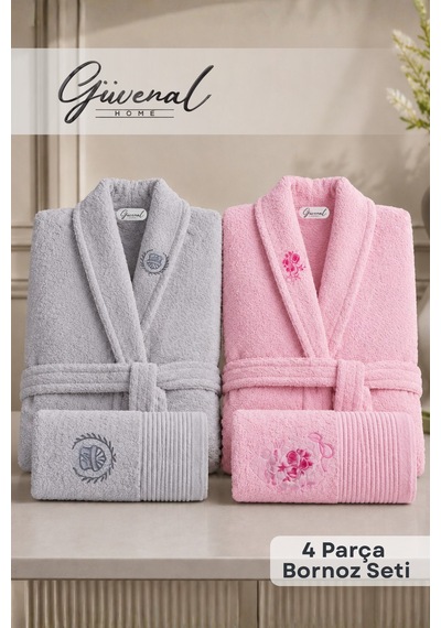 Nil 4 Parça Pamuklu Unisex Bornoz Ve Havlu Seti Bornoz Erkek Bornoz Kadın Bornoz Havlu Hediyelik Sabahlık Çeyiz Gri - Pembe