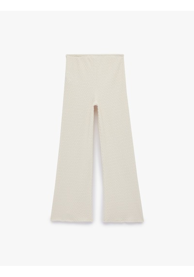 Koton Koton X Melis Ağazat - Bürümcük Kumaş Beli Bağcıklı Düz Bol Paça Pantolon Ekru 6sak40123ek