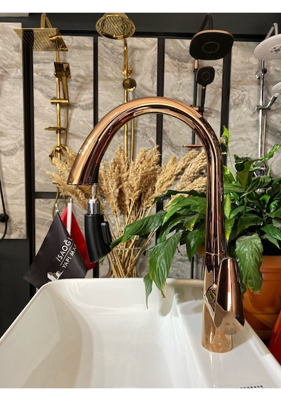 İsaoğlu Yapı Bakır Mutfak Bataryası Bronz Evye Musluğu Spiralli Batarya Premium Tasarım Rose Bakır Mutfak Armatür Rose Gold