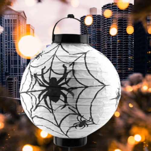 Halloween Cadılar Bayramı Japon Feneri Pilli 20 Cm Beyaz Örümcek Desenli Korku Aksesuarı Diğer