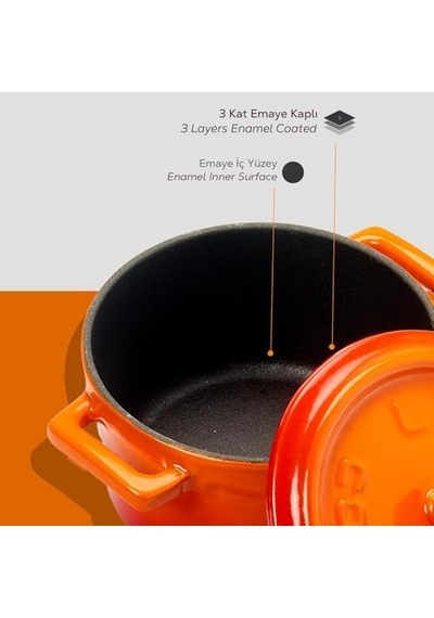 Metal Döküm Mini Tencere, 10 Cm, 0.35 L Hacim, Turuncu