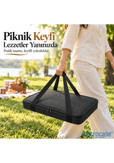 Microcase Çift Fermuarlı Isı Yalıtımlı Termal Borcam Ve Fırın Tepsisi Taşıma Çantası Siyah 47 X 40 X 5 Cm Al7042