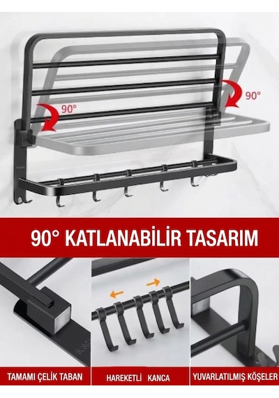Raflı Havluluk Oval Köşeli Model 60 Cm Ss304 Paslanmaz Çelik Renk Mat Siyah