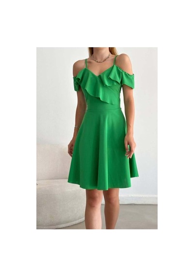 Lior Design Kadın Trend Model Esnek Krep Kumaş Kruvaze Yaka Volanlı Abiye Elbise Yeşil