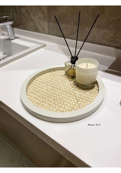 Rattan Hazeran Yuvarlak Tepsi Beyaz %100 Doğal Hazeran