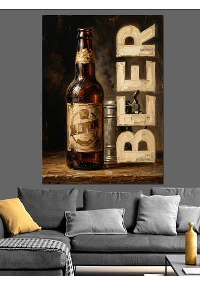 Bira Şişesi Ve Retro Yazı Dekoratif Kanvas - Mdf Ahşap Tablo