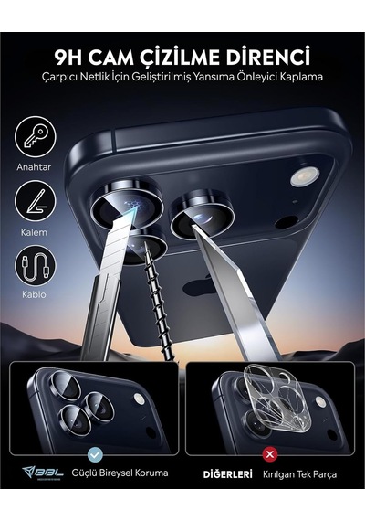 İphone 17 Pro / 17 Pro Max İle Uyumlu Safir Lens Koruyucu Ultra Dayanıklı Kolay Kurulum Aparatlı Parmak İzi Bırakmayan Yansıma Önleyici Kamera Lensi Koruma Koyu Mavi