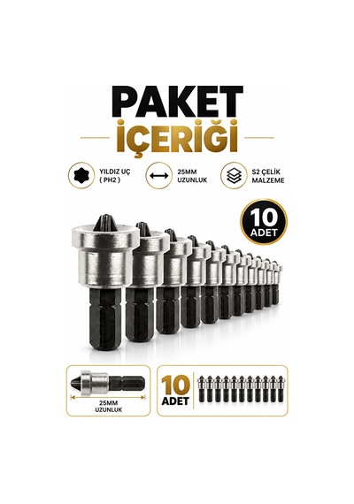 Bits Ucu Seti 10 Adet 25 Mm Ph2 Yıldız Vidalama Uçları
